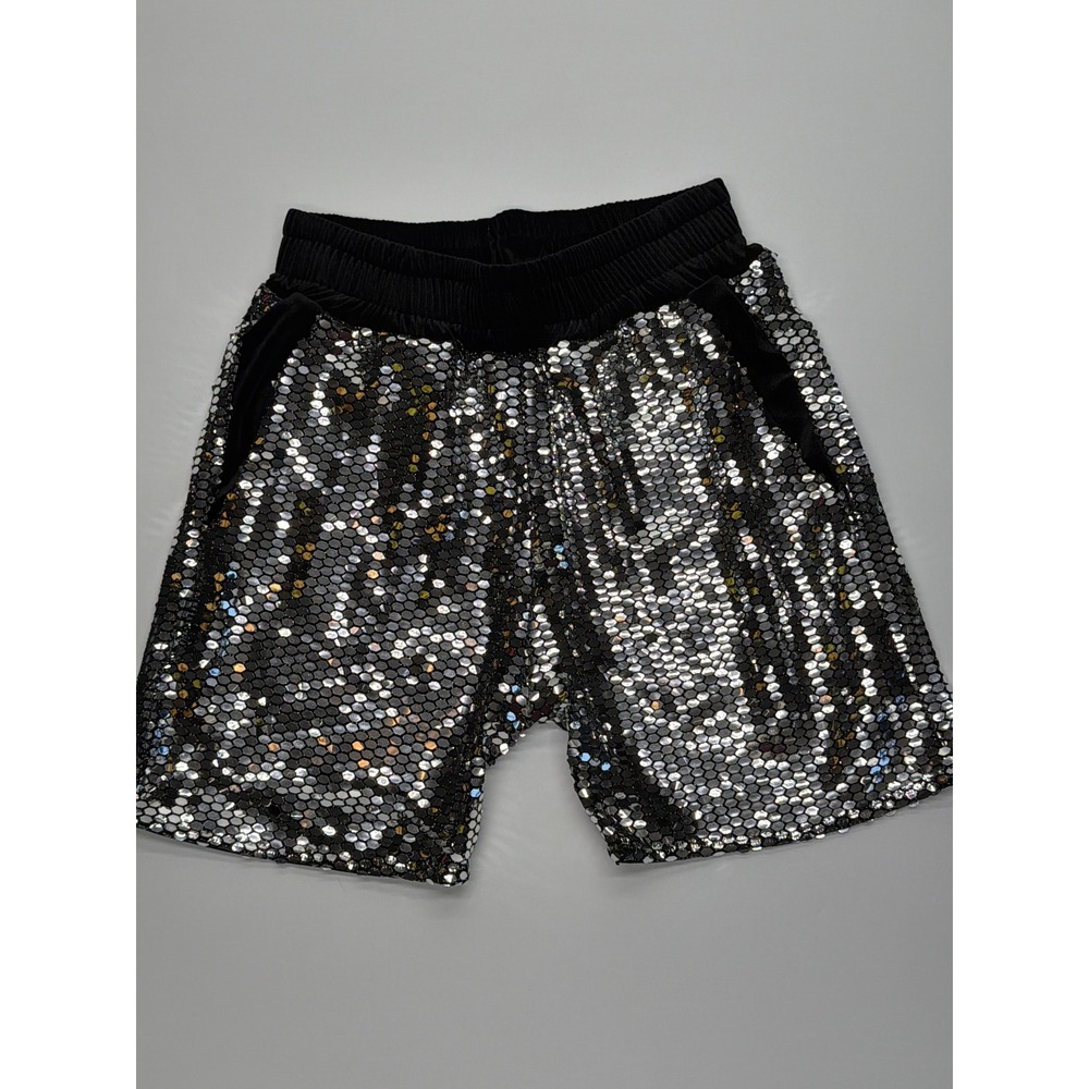 Mens Silver Sequin‎ Disco Festival Shorts Black Elastic Waist Rave Party Small